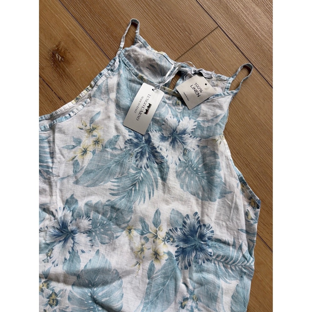 Lungo L'Arno 100% Linen Tropical Floral Shift Dress Blue italy coverup sz large